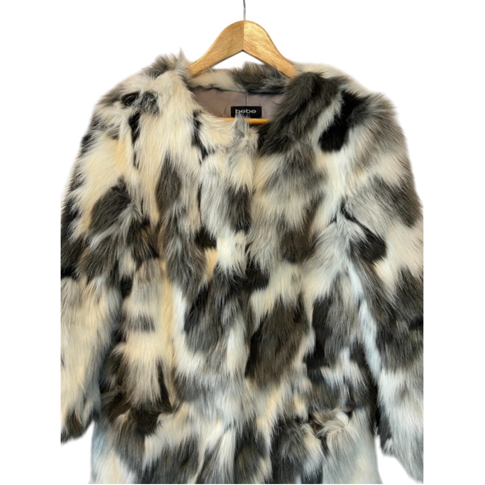 BEBE Black & White Faux Fur Cropped Sleeve Snap Button Mid Length Jacket Coat S - Picture 3 of 12